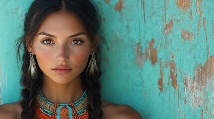 Fototapeta premium Native American Woman with Traditional Feather Headdress