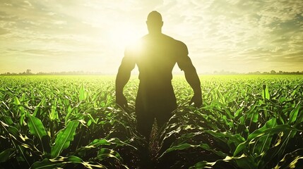 Fototapeta premium double exposure of a farm worker harvesting crops with the landscape of a thriving cornfield inside their silhouette, showcasing the economic value of large-scale agriculture. [Flowers]:[Economic 