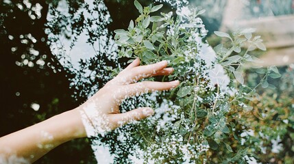 double exposure of a hand gently touching the leaves of an organic plant, with a backdrop of a green, lush herb garden, symbolizing the economic value of homegrown plants. [Flowers]:[Economic 