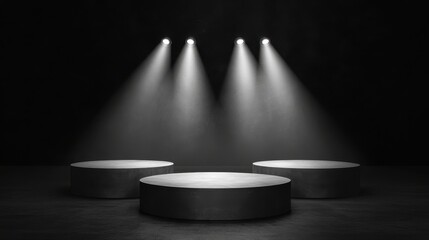 Three Dark Cylinders Illuminated By Spotlights