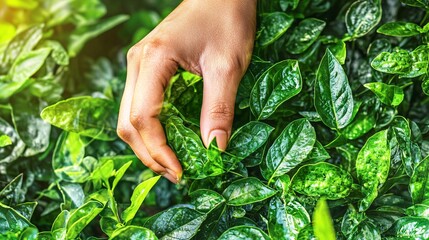 double exposure of a hand gently touching the leaves of an organic plant, with a backdrop of a green, lush herb garden, symbolizing the economic value of homegrown plants. [Flowers]:[Economic 