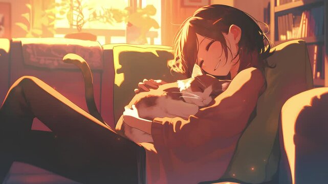 Anime girl cuddling a cat cozy lofi setting with soft lighting. Animation loop