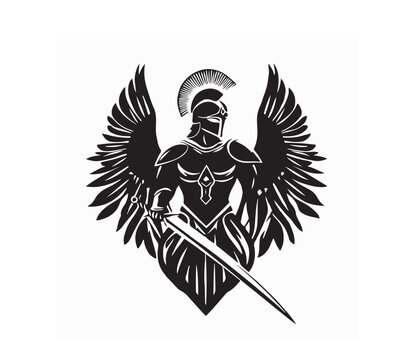 Guardian Angel Sword Logo Design Vector Images. Guardian Angel In Armor Holding Sword logo vector image
