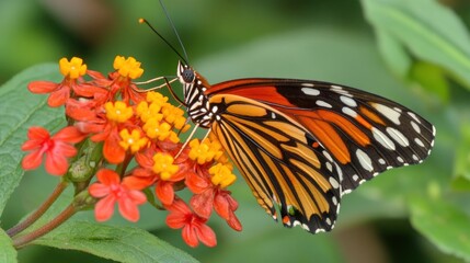Fototapeta premium Close-up of a vibrant orange and black butterfly feeding on red and yellow flowers.