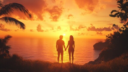 Fototapeta premium Romantic Sunset Silhouette of Couple Holding Hands by the Ocean