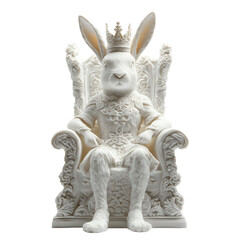 A regal rabbit statue seated on an ornate throne, adorned with a crown, exuding elegance and whimsy.