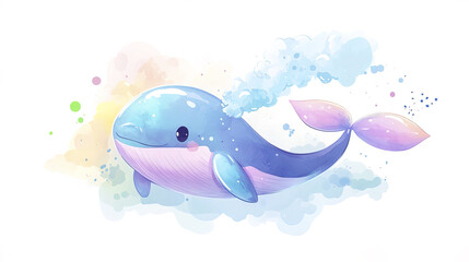 friendly whale with water spout swimming joyfully in colorful sea