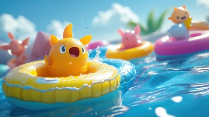 Cute Cartoon Characters in Colorful Pool Floats in Sunny Environment