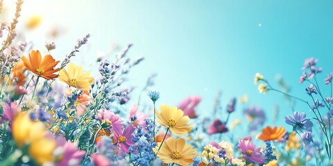 Vibrant wildflowers bloom brightly against a clear blue sky