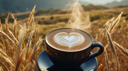 Latte coffee with a heart pattern on the frothy surface Set on a matching saucer. The background is tall grass that sways in the wind.