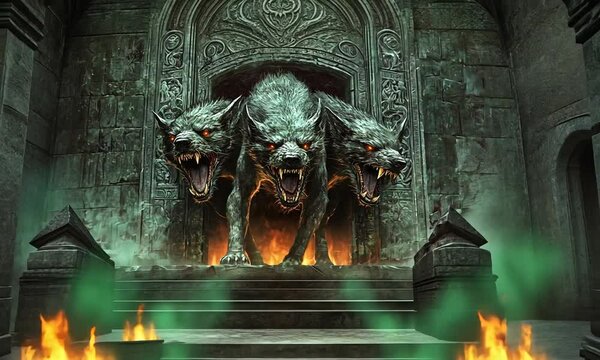 A three-headed wolf creature emerges from a dark, ornate doorway, exuding menace and power.