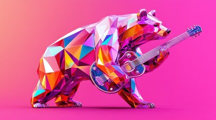 Low-poly bear playing guitar on pink background.