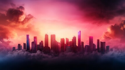 A vibrant city skyline emerges from colorful clouds at sunset, showcasing towering buildings against a dramatic, illuminated sky.