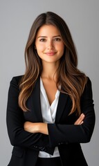 Professional young woman in formal attire with long hair smiling confidently against a neutral background