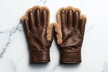Brown leather gloves with fur lining on a marble surface.