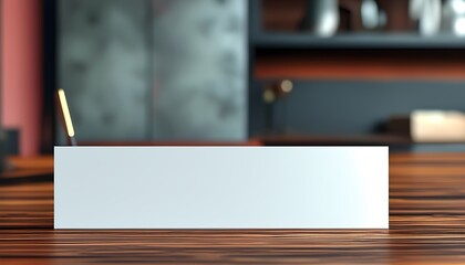 Blank label tag display on wooden table modern office environment product photography contemporary design minimalist viewpoint branding concept