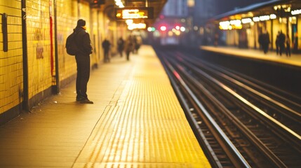 Man waiting on subway platform at night.