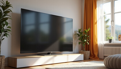 Curved TV mockup on a stylish stand in a bright living room for interior design concept
