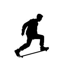 Obraz premium Silhouette of Skateboarder Riding Skateboard, Black silhouette of a skateboarder in motion, riding a skateboard with a casual stance, isolated on a white background.