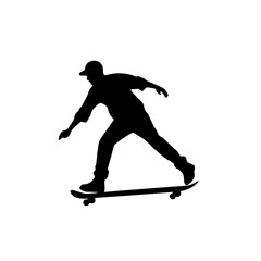 Fototapeta premium Silhouette of Skateboarder Riding Skateboard, Black silhouette of a skateboarder in motion, riding a skateboard with a casual stance, isolated on a white background.