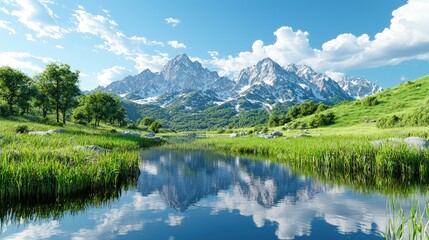 Fototapeta premium Majestic snow-capped mountain peaks reflect in the calm waters of a scenic river winding through a lush green valley under a bright blue sky.