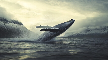Fototapeta premium Humpback whale breaching in sea, showcasing its majestic splendor