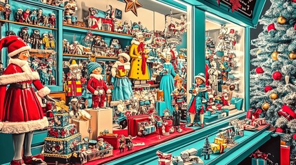 Naklejka premium vintage winter wonderland: frosted shop window with nostalgic decorations – perfect for cozy holiday atmosphere poster in your home or café décor