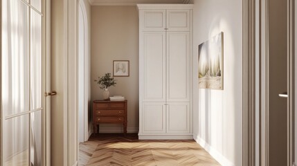 Sunlit hallway with herringbone floors, built-in wardrobe, and minimalist decor.