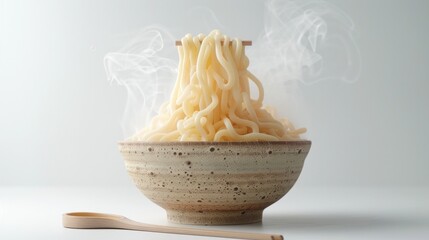 Closeup of a steaming hot bowl filled with freshly made Asian style noodles or spaghetti against a plain white background  The noodles are savory appealing