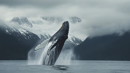 Fototapeta premium Humpback whale breaching in ocean, showcasing its powerful leap