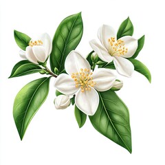 Fototapeta premium Orange Blossom Flowers with Green Leaves, Detailed illustration of orange blossom flowers in bloom, featuring white petals and green leaves, symbolizing freshness and purity.