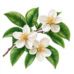 Obraz premium Orange Blossom Flowers with Green Leaves, Detailed illustration of orange blossom flowers in bloom, featuring white petals and green leaves, symbolizing freshness and purity.