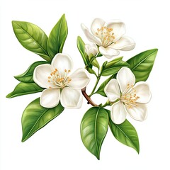 Fototapeta premium Orange Blossom Flowers with Green Leaves, Detailed illustration of orange blossom flowers in bloom, featuring white petals and green leaves, symbolizing freshness and purity.