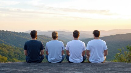 Four men sitting on a mountaintop, enjoying a sunset view.