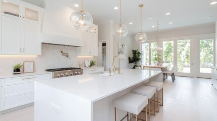 Bright modern kitchen with white cabinets, quartz countertops, and gold accents.