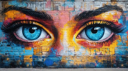 Vibrant eyes painted on brick wall.