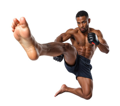 Pro black combat fighter in dynamic action kick zoom close into the camera