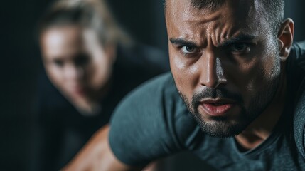 Fototapeta premium Focused male athlete in gray shirt, training intensely with a female companion blurred in the background.