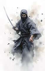 Fototapeta premium Watercolor sketch of Japanese ninja assassin in black kimono with sword