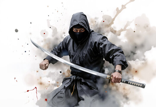 Watercolor sketch of Japanese ninja assassin in black kimono with sword
