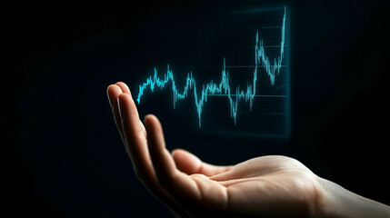 A hand holds a digital display showing a rising graph, symbolizing growth, technology, and data analytics.