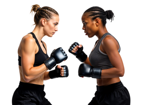 Two female combat fighter head to head ready to fight doing staredown, caucasian and black - Powered by Adobe