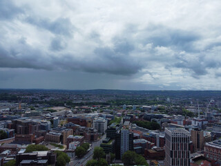 Fototapeta premium An Aerial View of Buildings at Central Bristol City of Southwest of England, United Kingdom. May 26th, 2024. The High Angle Footage Was Captured with Drone's Camera from Medium High Altitude.