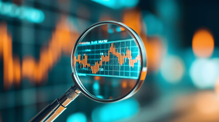 A magnifying glass focuses on a detailed stock market graph, highlighting trends and fluctuations in financial data against a blurred background.