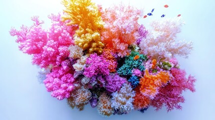 Fototapeta premium Vibrant cluster of colorful artificial coral reefs in pink, yellow, and orange hues isolated on a clean white background.
