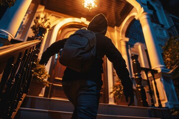 Silhouette of a burglar sneaking into the living room at night with a backpack in hand