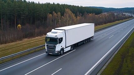 White Freight Truck Driving on Empty Highway Surrounded by Nature in Spring Season