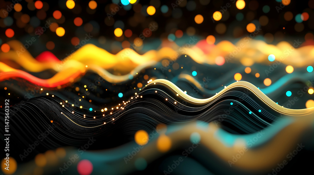Aufkleber a vibrant digital wave pattern with glowing particles in various colors, creating a mesmerizing visu