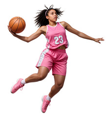 Young teenage girl basketball player in pink jersey jumping midair and dunking, isolated background