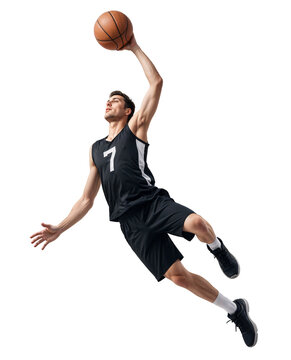 basketball player in black jersey doing midair jump dunk on isolated background